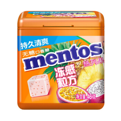 Mentos/曼妥思冻感粒方热烈果无糖口香糖46g